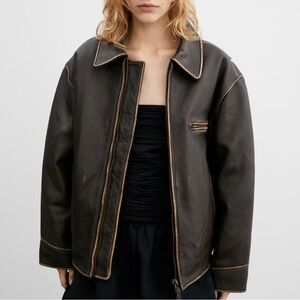 New With Tags Mango Dark Leather Jacket with Brown Trim